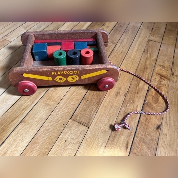 Vintage 1950s Playskool Toy Wagon Pull Cart Learning Toy wooden blocks - Picture 1 of 4